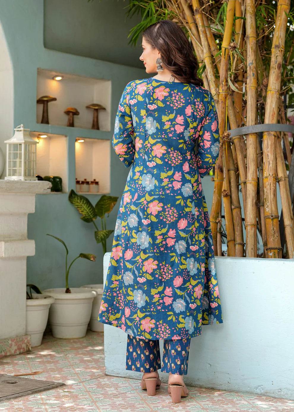 Blue Floral Pleated Cotton Suit Set with Mulmul Dupatta