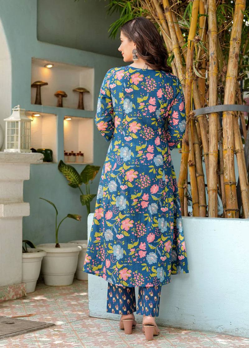 Blue Floral Pleated Cotton Suit Set with Mulmul Dupatta
