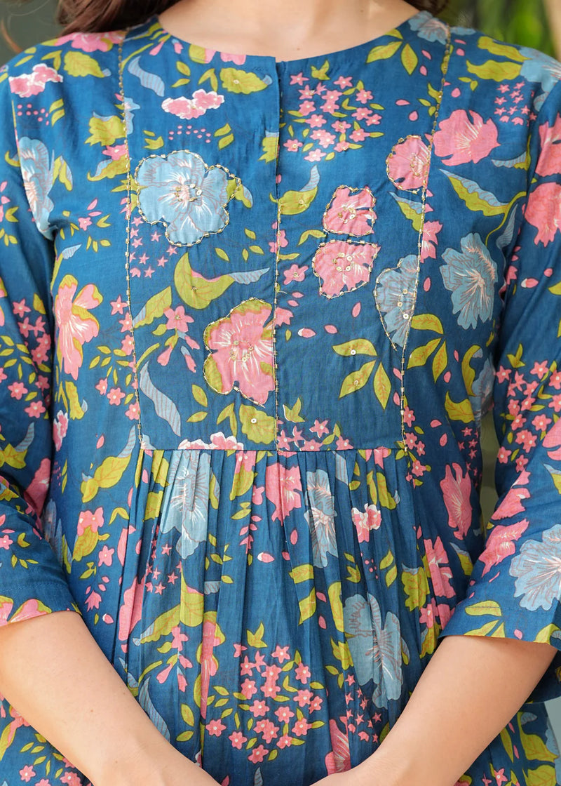 Blue Floral Pleated Cotton Suit Set with Mulmul Dupatta