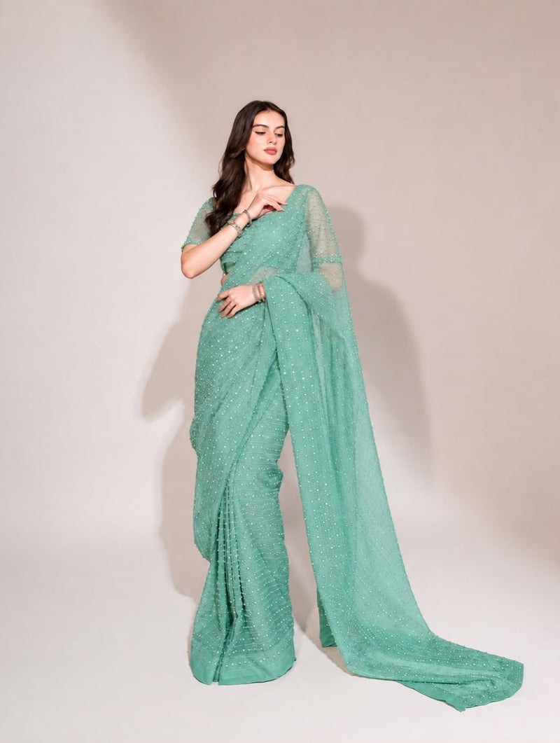 Mint Serenity Sequin  Soft Net Georgette Base Saree