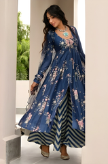 Falak Blue Floral Anarkali Palazzo and Dupatta