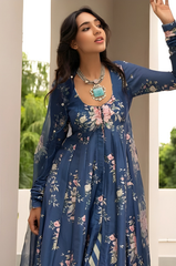 Falak Blue Floral Anarkali Palazzo and Dupatta