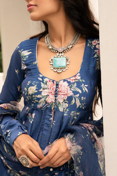 Falak Blue Floral Anarkali Palazzo and Dupatta