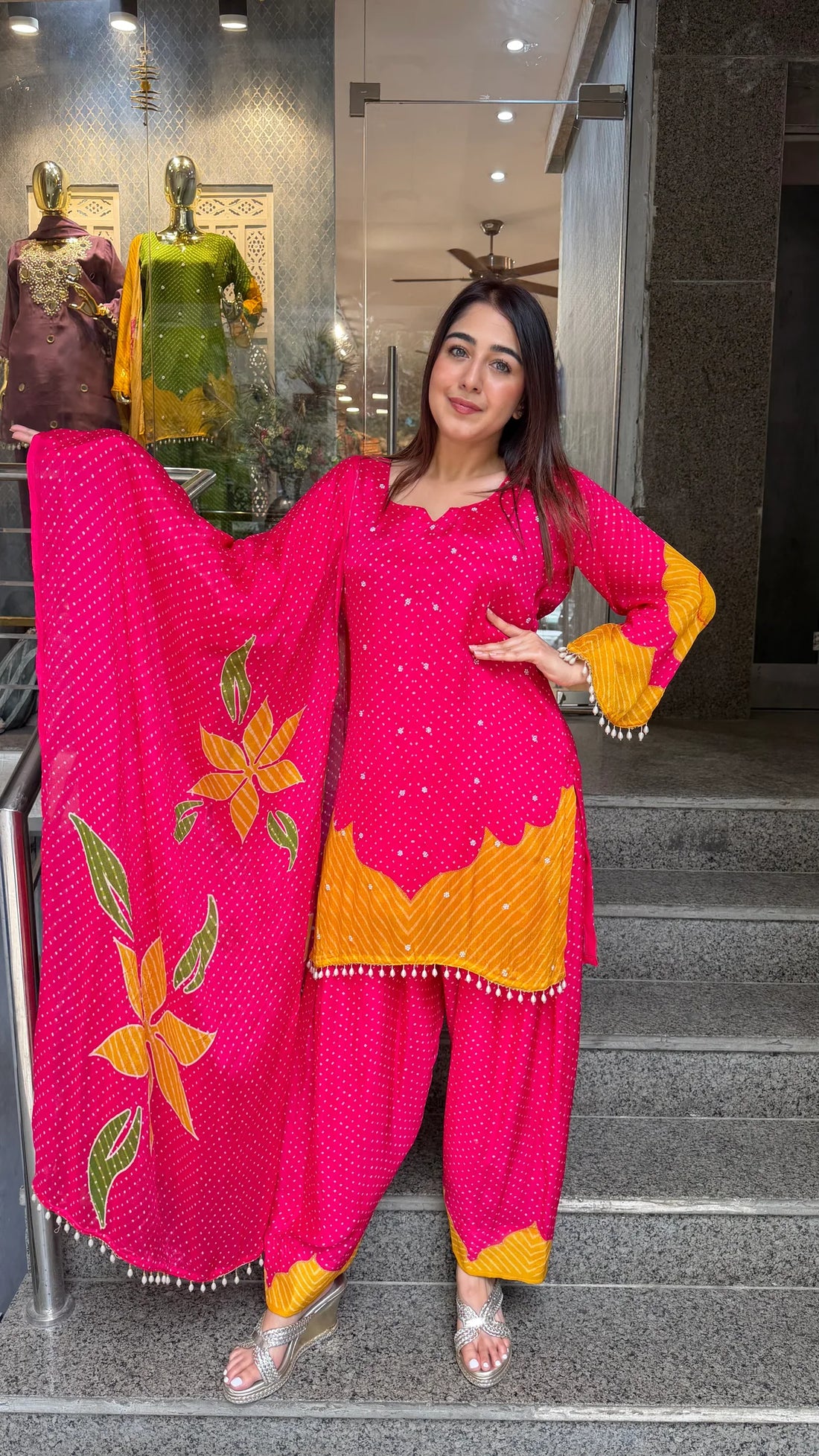 Pure Chinon Farshi Suit Set with Leheriya Print & Dupatta