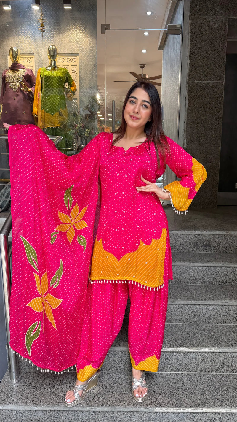 Pure Chinon Farshi Suit Set with Leheriya Print & Dupatta