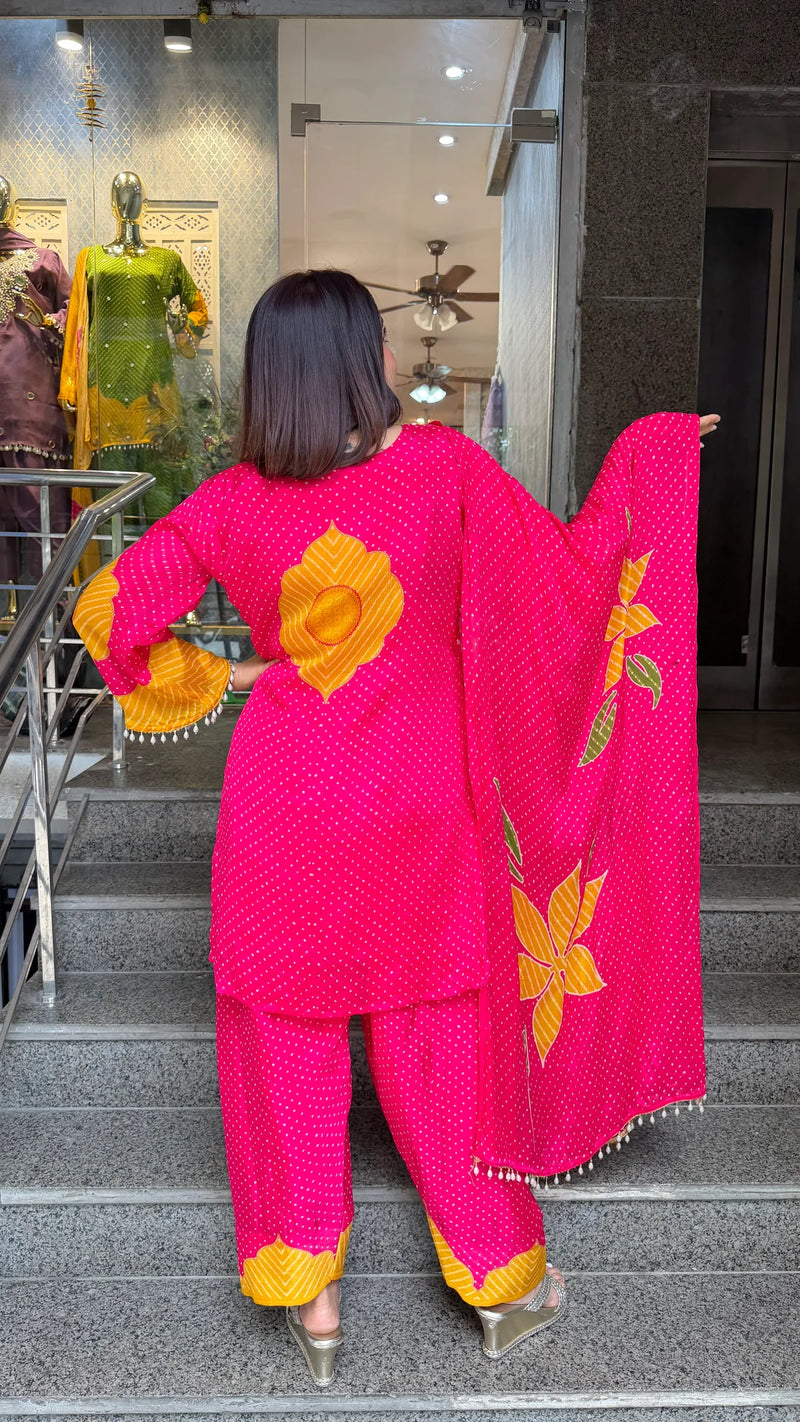 Pure Chinon Farshi Suit Set with Leheriya Print & Dupatta
