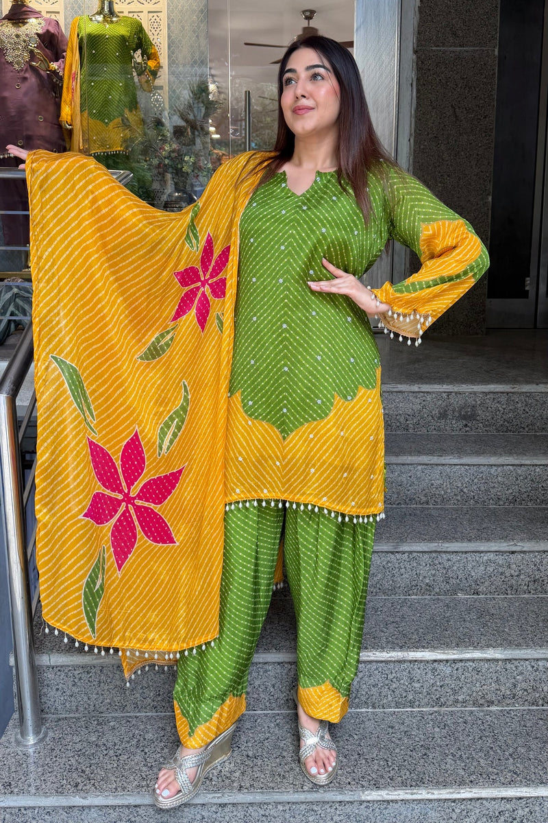 Pure Chinon Farshi Suit Set with Leheriya Print & Dupatta
