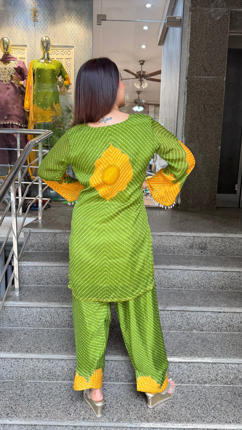 Pure Chinon Farshi Suit Set with Leheriya Print & Dupatta