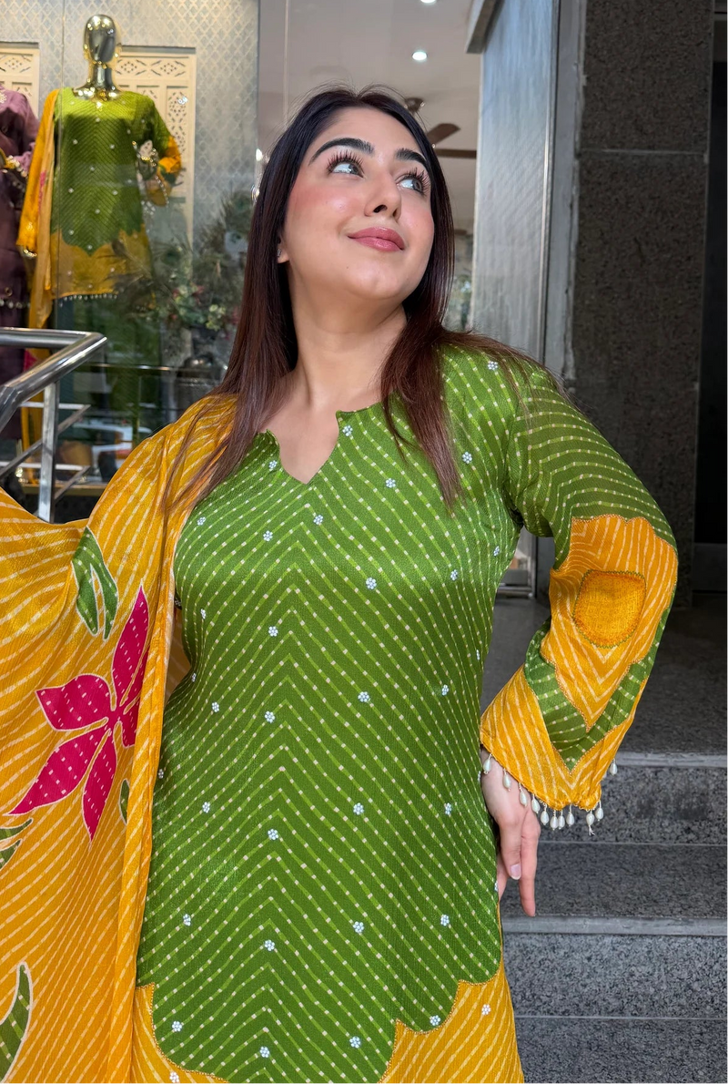 Pure Chinon Farshi Suit Set with Leheriya Print & Dupatta