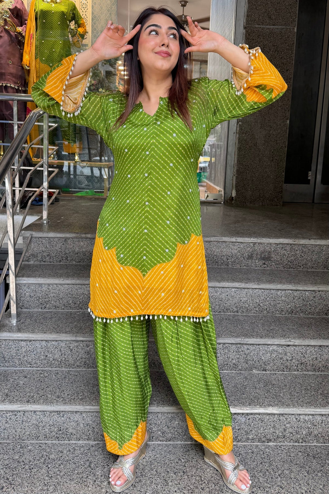 Pure Chinon Farshi Suit Set with Leheriya Print & Dupatta