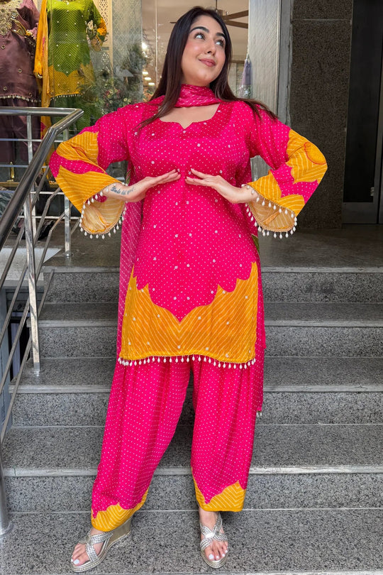 Pure Chinon Farshi Suit Set with Leheriya Print & Dupatta
