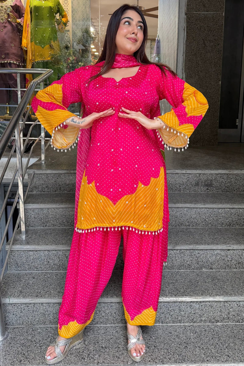 Pure Chinon Farshi Suit Set with Leheriya Print & Dupatta