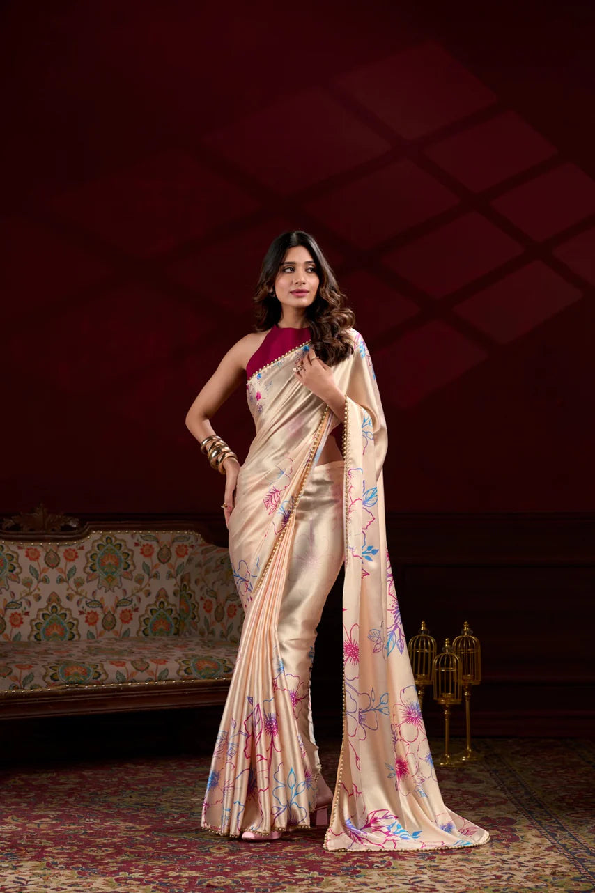 Floral Gold Beige Satin Saree