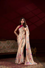Floral Gold Beige Satin Saree