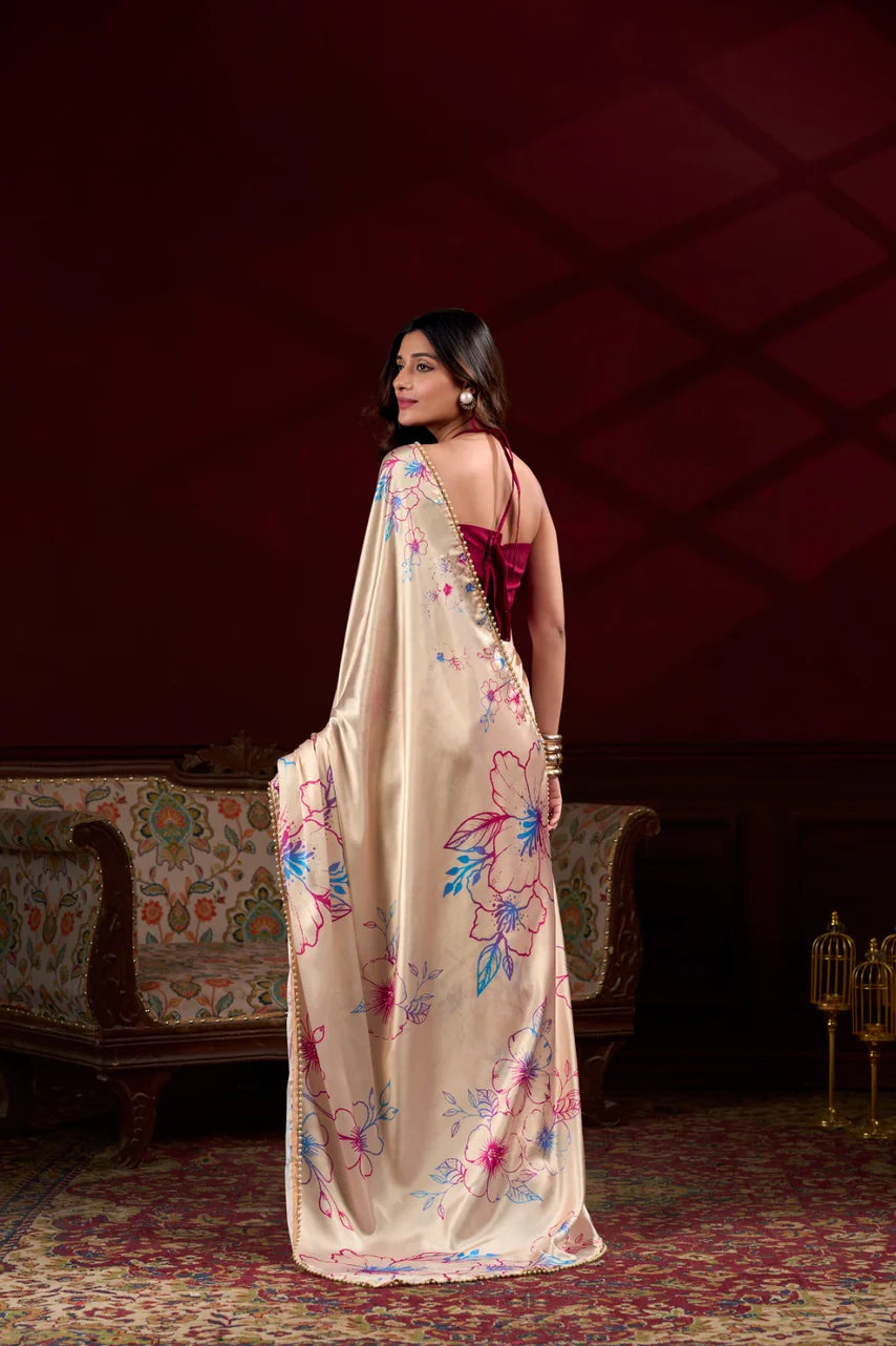 Floral Gold Beige Satin Saree