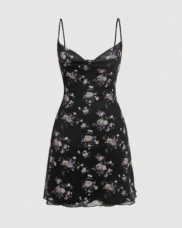 Floral Print Black Swing Collar Dress