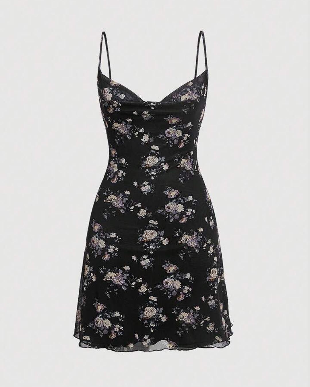 black dress with small white flowers Floral Print Black Swing Collar Dress – Reet Lifestyle