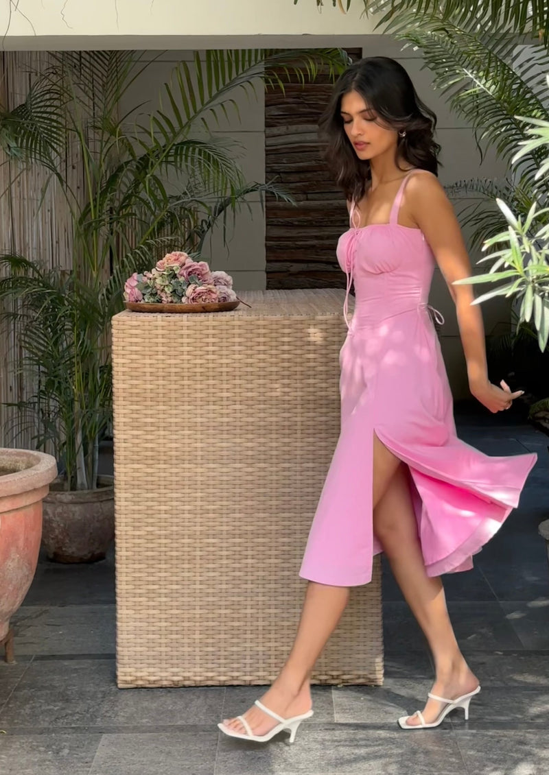 pink slit dress with waist cinching