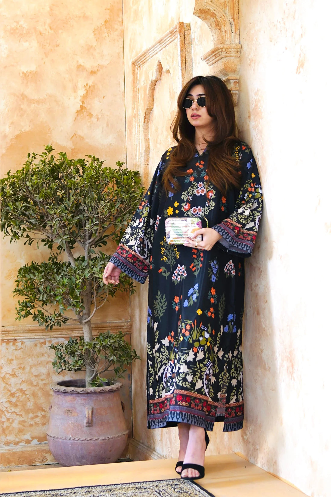 Black Botanical Print Luxe Kaftan Dress