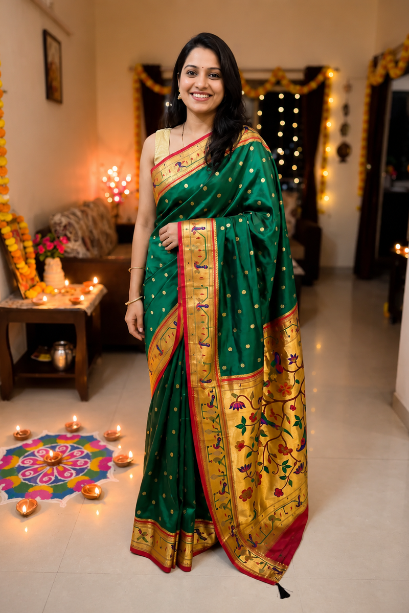 Semi-Silk Paithani Saree with Copper Zari Peacock Pallu