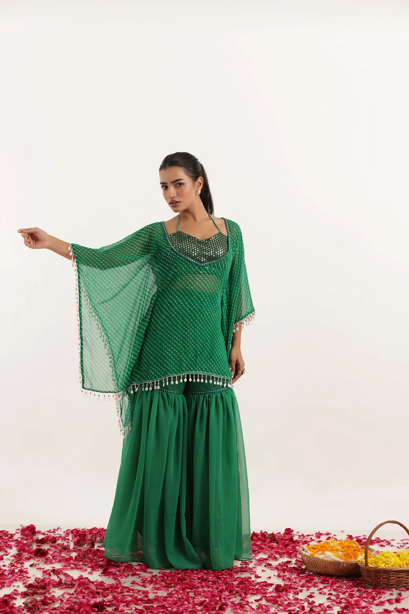 Leheriya Georgette Sharara Kaftan Set with Mirror