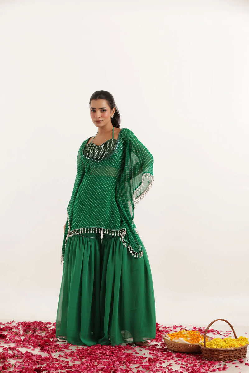 Leheriya Georgette Sharara Kaftan Set with Mirror