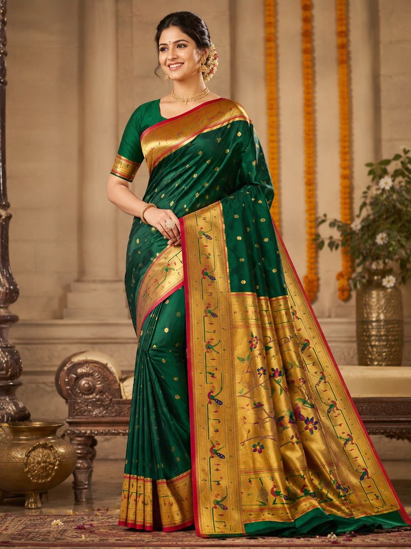 Semi-Silk Paithani Saree with Copper Zari Peacock Pallu