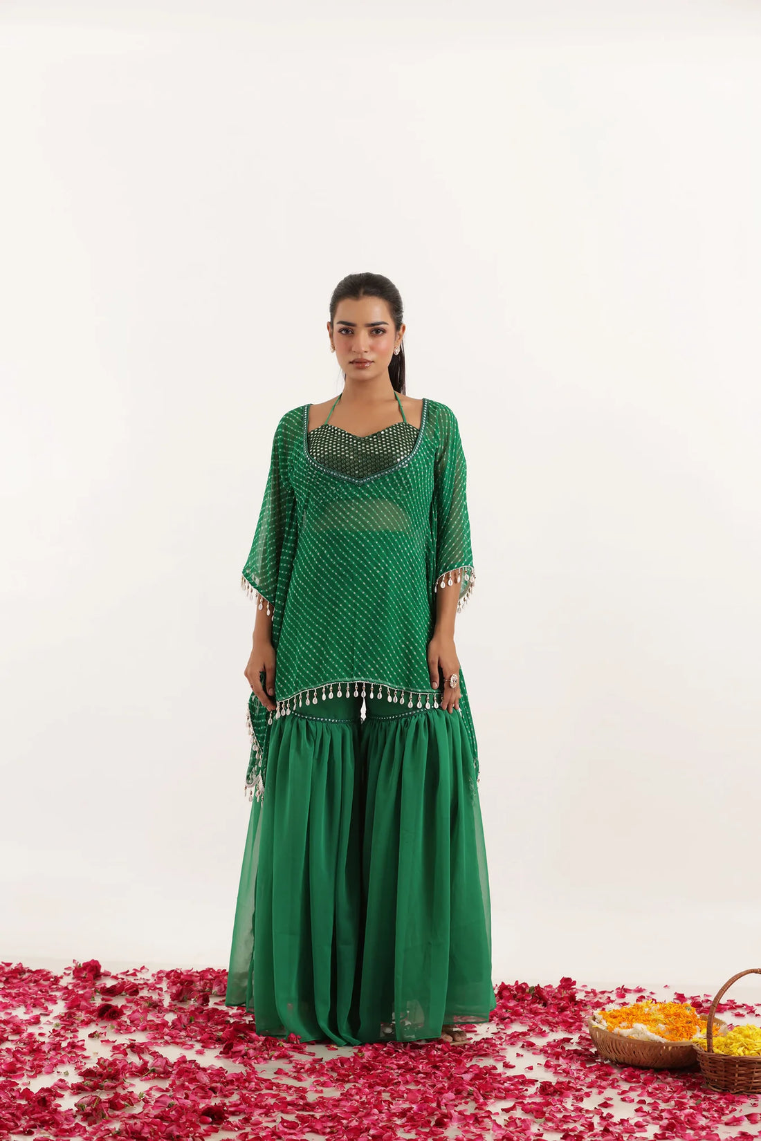 Leheriya Georgette Sharara Kaftan Set with Mirror
