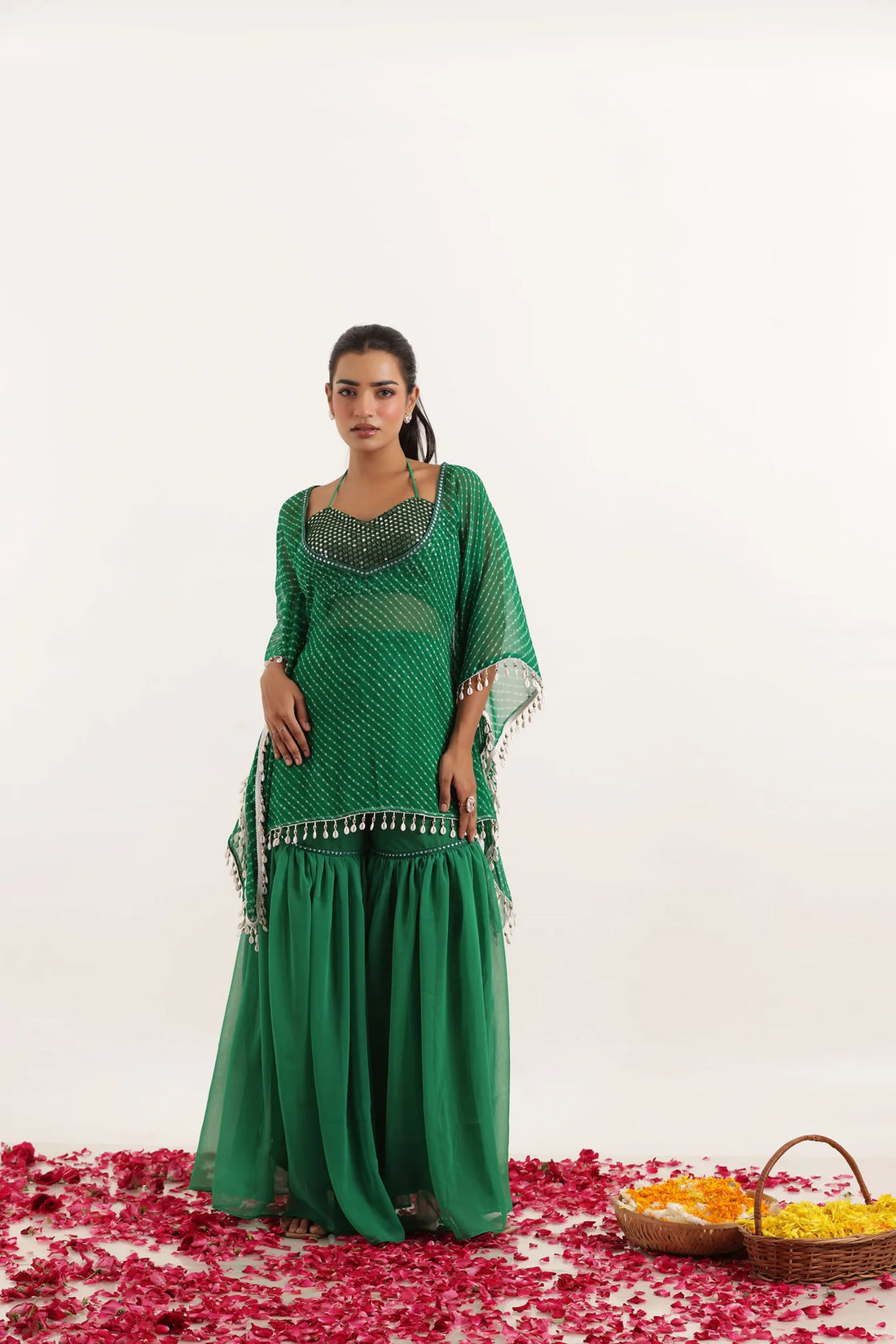 Leheriya Georgette Sharara Kaftan Set with Mirror