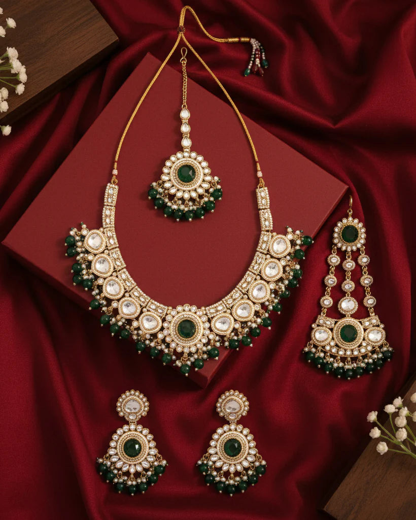 Green Laviza Premium Polki Dupe Bridal Set with Teeka & Side Jhumar/Passa – By Reet Lifestyle