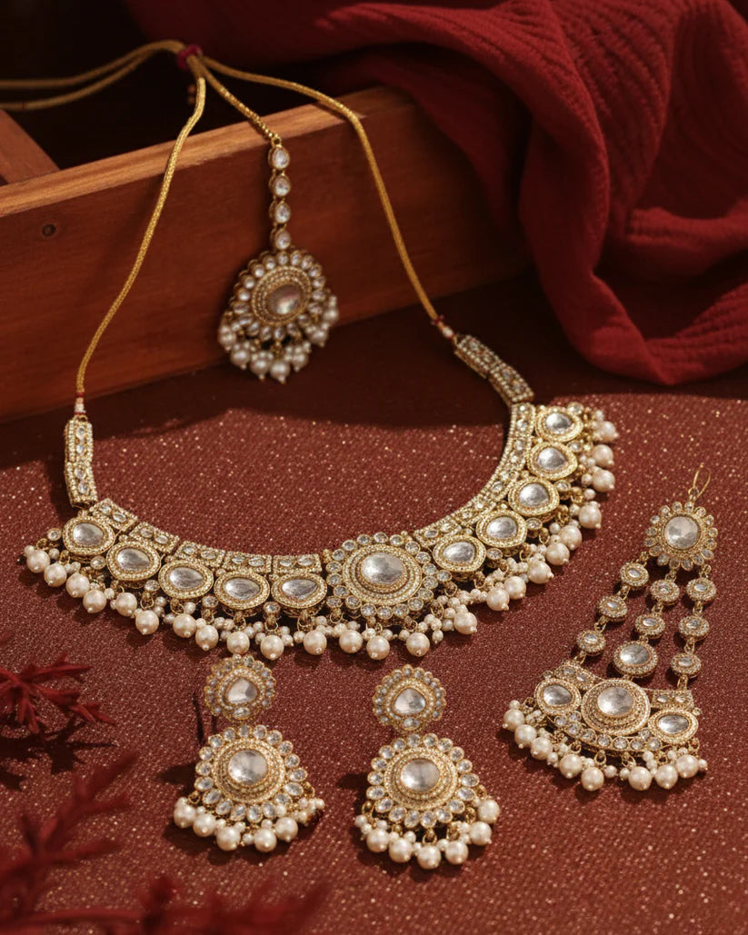 Pearl Laviza Premium Polki Dupe Necklace Set with Teeka & Side Jhumar/Passa – By Reet Lifestyle