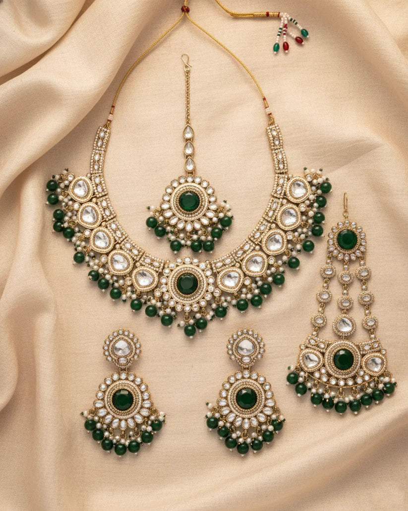 Green Laviza Premium Polki Dupe Bridal Set with Teeka & Side Jhumar/Passa – By Reet Lifestyle