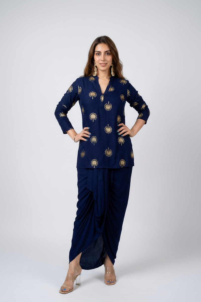 Gold Blue Kurta Dhoti Skirt