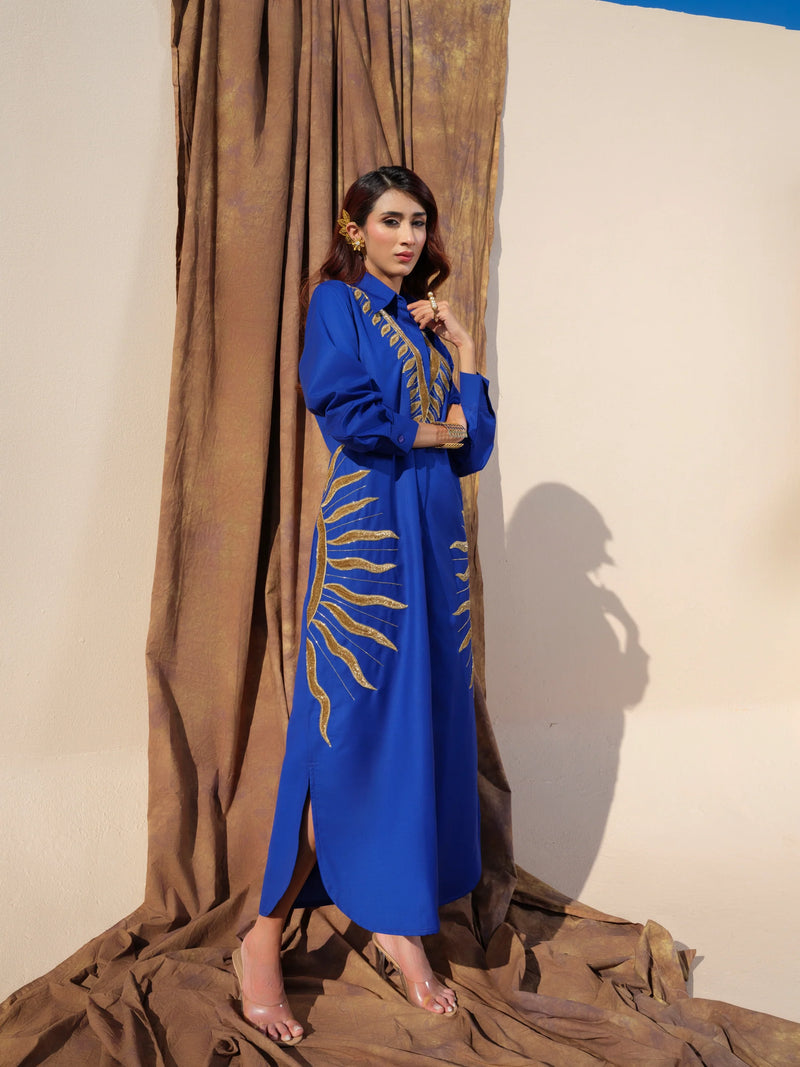 Black Cotton Shirt Dress with Luxe Gold Leaf Embroidery