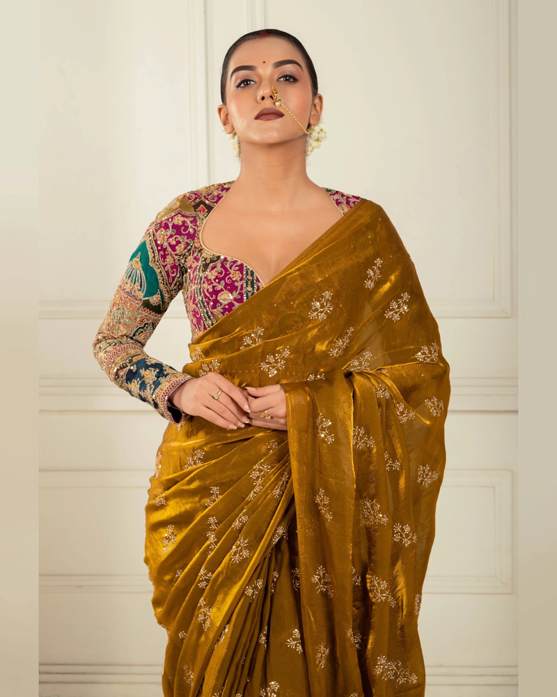Golden Glory Bronze Gold Saree with Embroidered Blouse