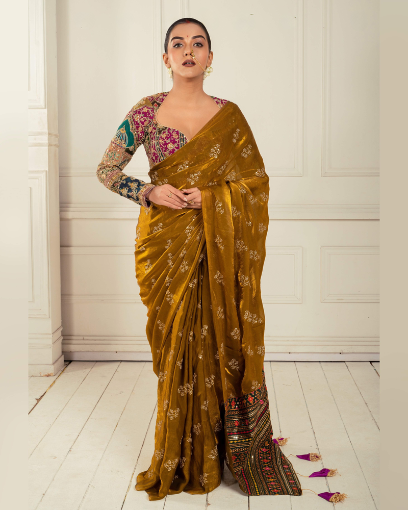 Golden Glory Bronze Gold Saree with Embroidered Blouse