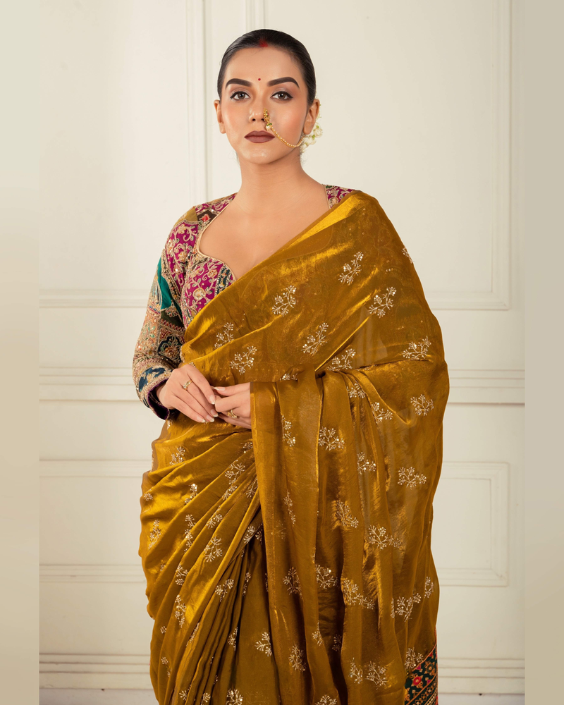 Golden Glory Bronze Gold Saree with Embroidered Blouse