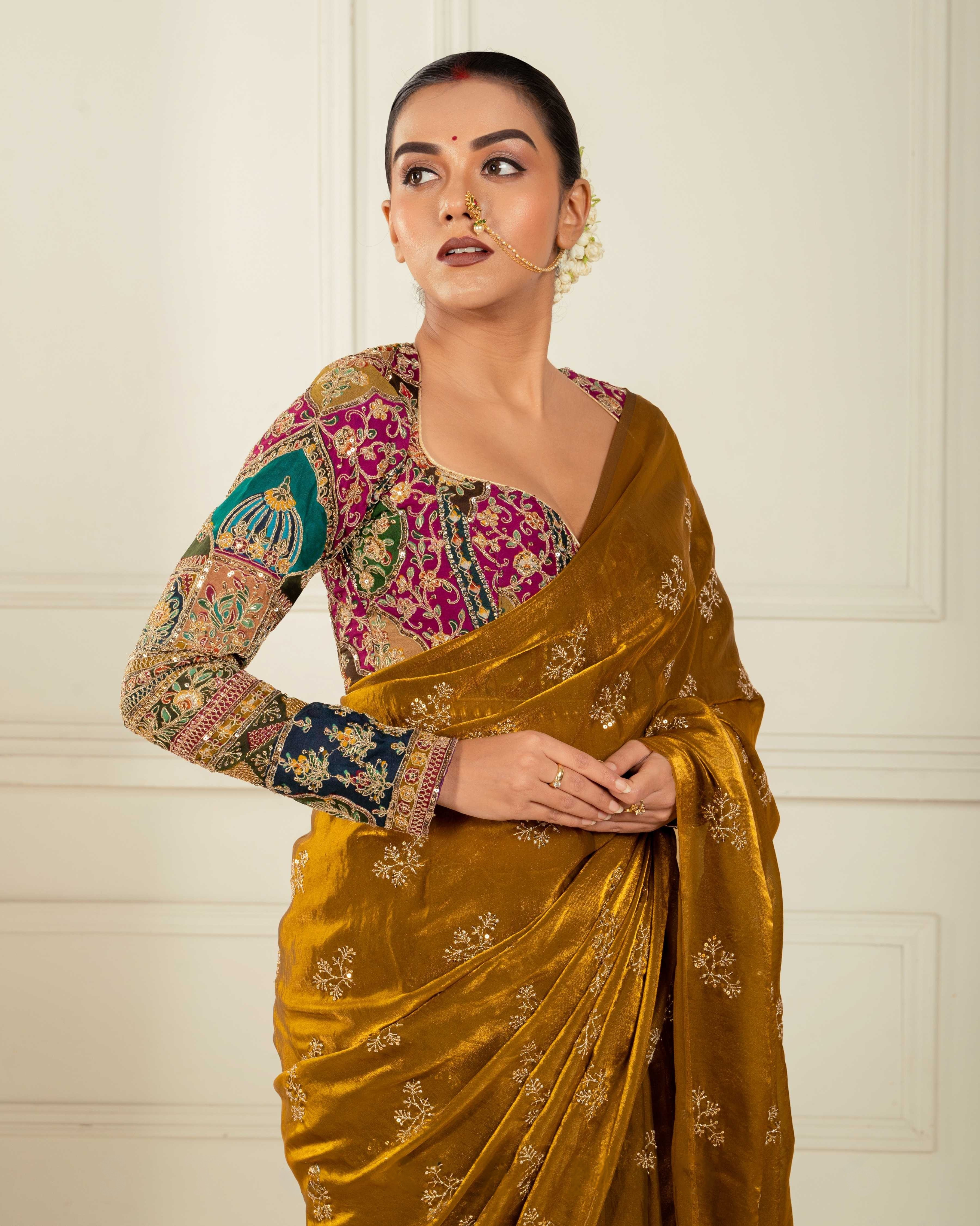 Golden Glory Bronze Gold Saree with Embroidered Blouse