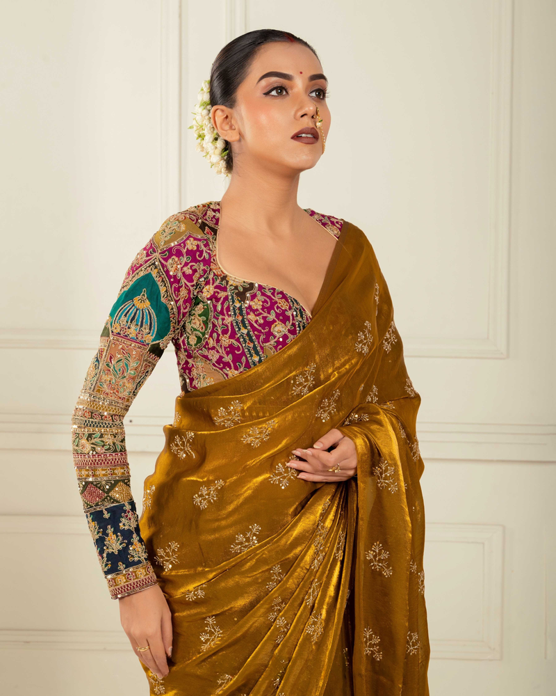 Golden Glory Bronze Gold Saree with Embroidered Blouse