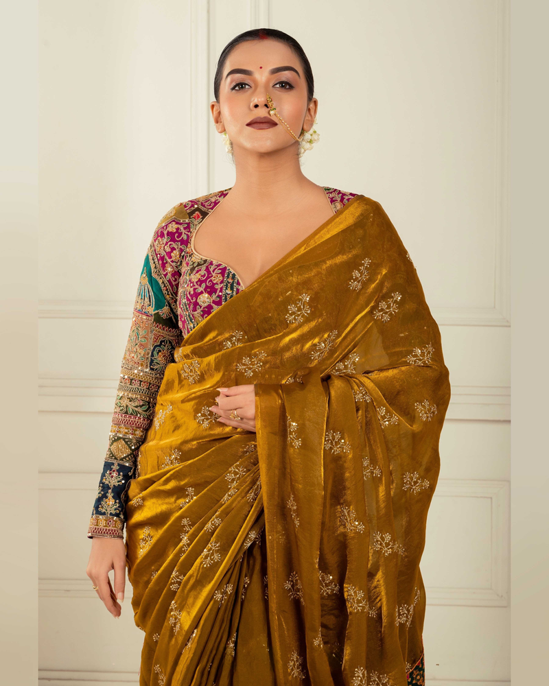 Golden Glory Bronze Gold Saree with Embroidered Blouse
