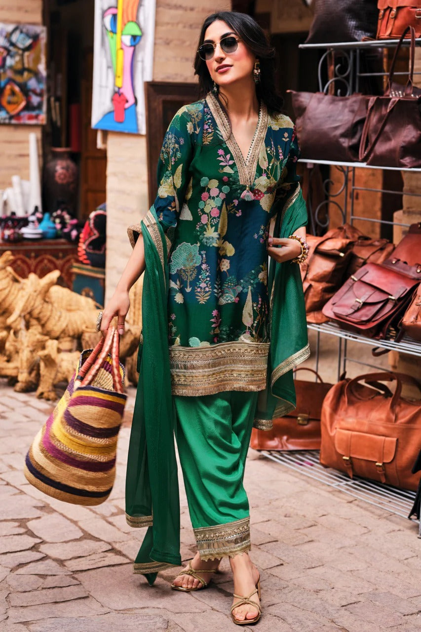 Green Crepe Botanical Printed Suit Set