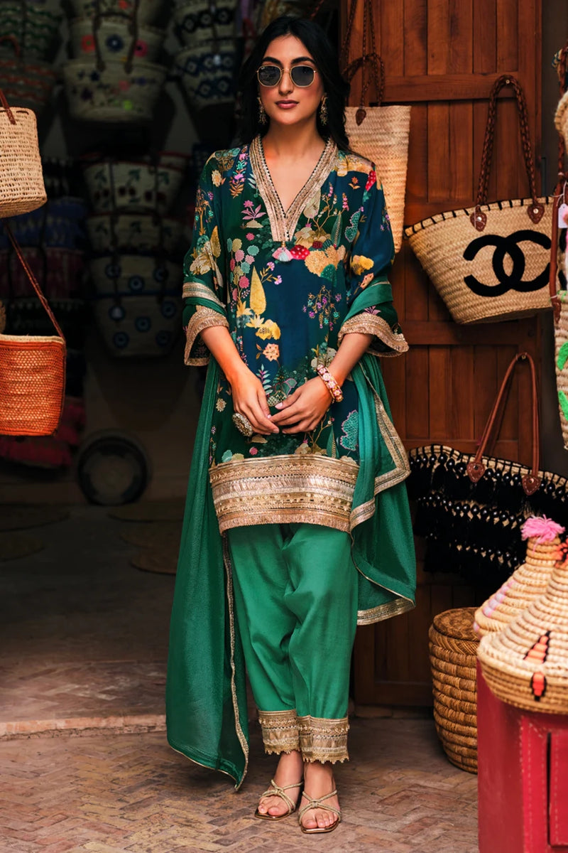 Green Crepe Botanical Printed Suit Set