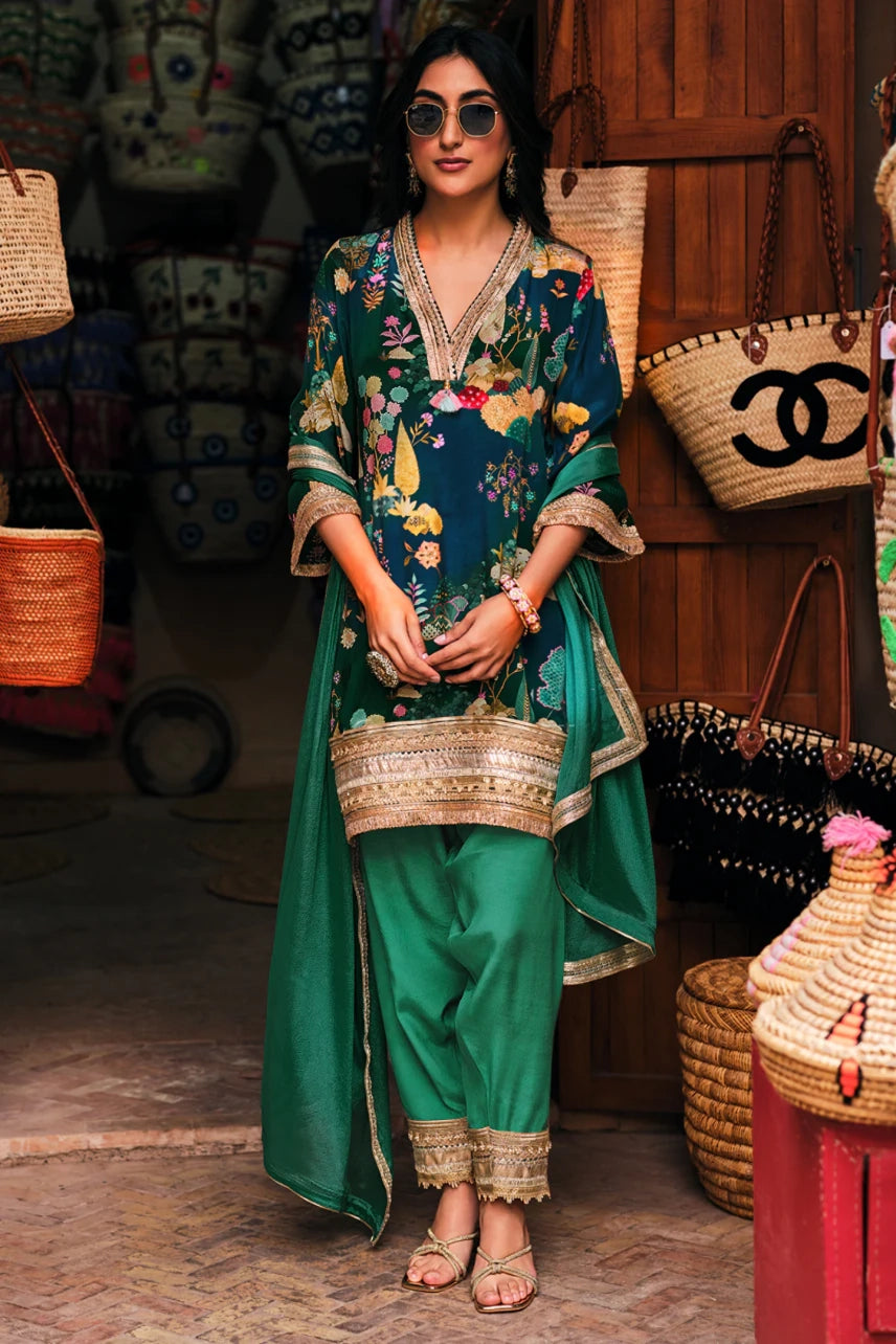 Green Crepe Botanical Printed Suit Set