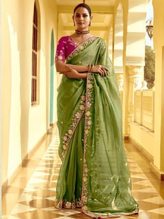 🌿 Olive Green Designer Tissue Silk Saree