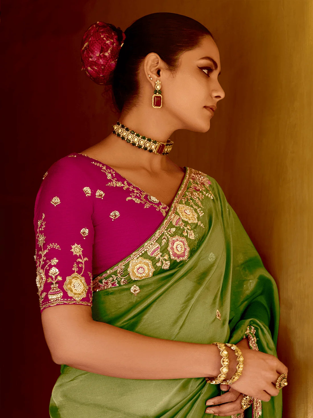 🌿 Olive Green Designer Tissue Silk Saree