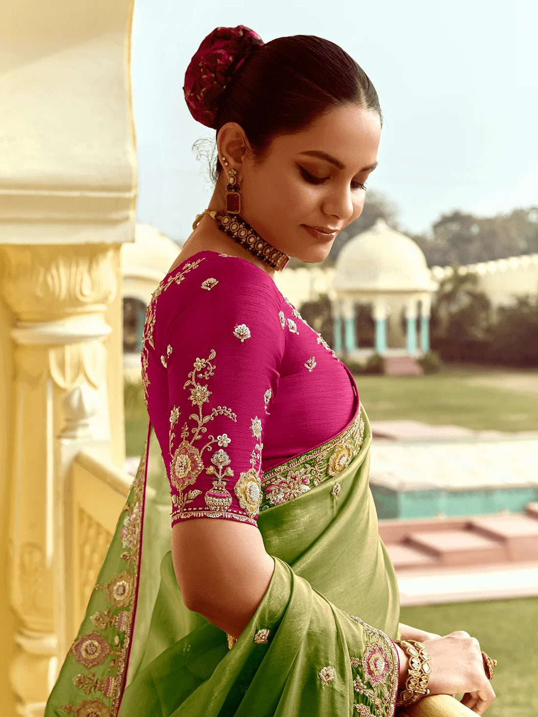 🌿 Olive Green Designer Tissue Silk Saree