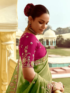 🌿 Olive Green Designer Tissue Silk Saree