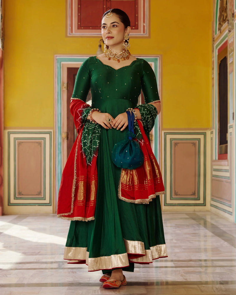 Rajwadi Green Chanderi Anarkali Suit Set