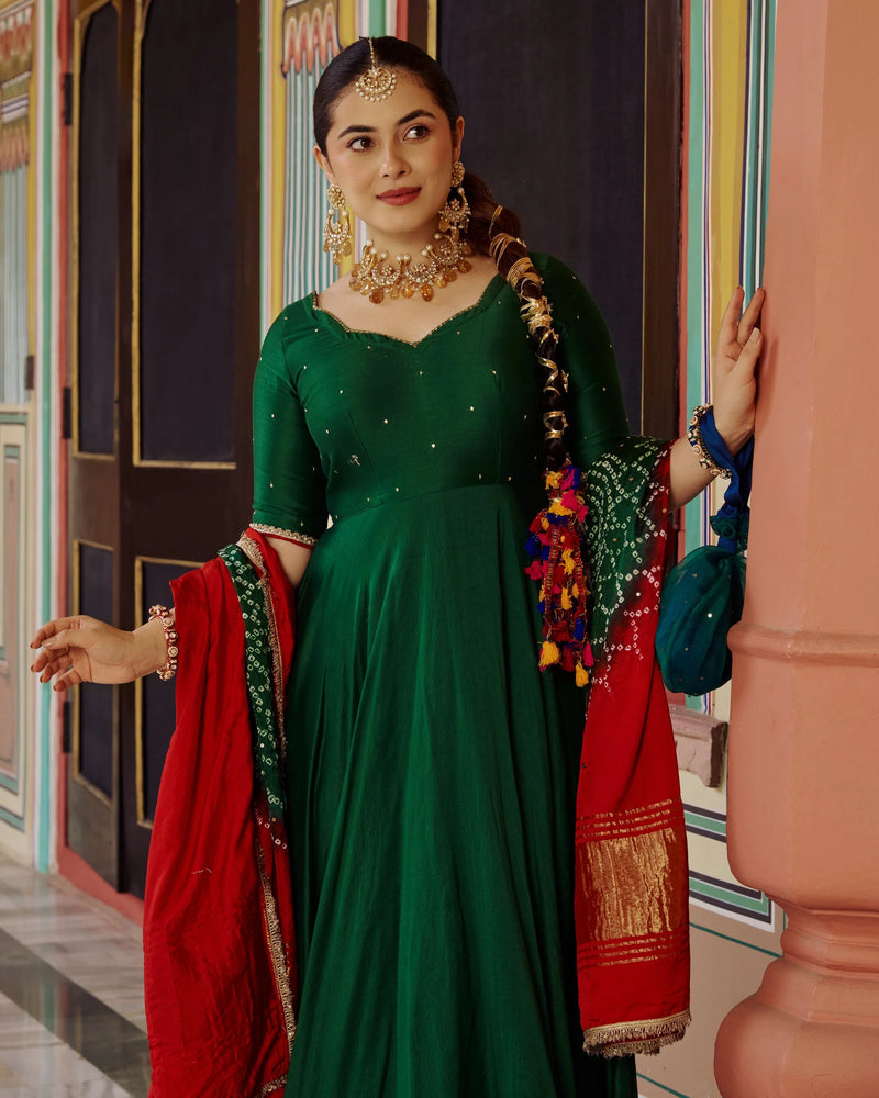 Rajwadi Green Chanderi Anarkali Suit Set