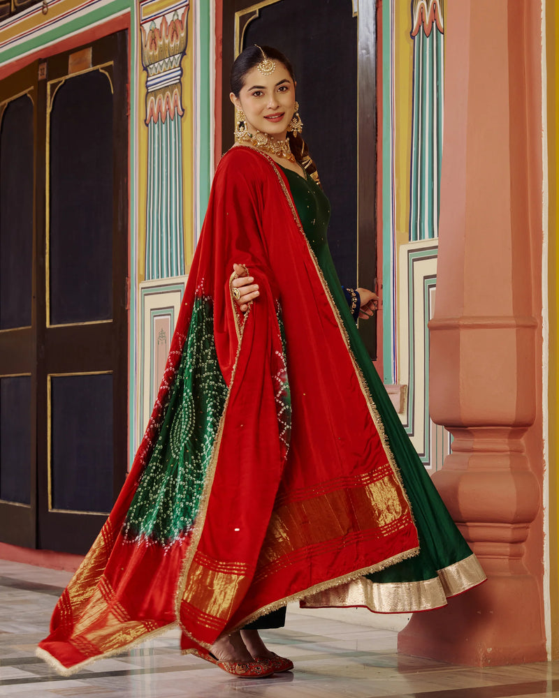 Rajwadi Green Chanderi Anarkali Suit Set